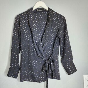 Zara black and gold polkadot tie blouse
